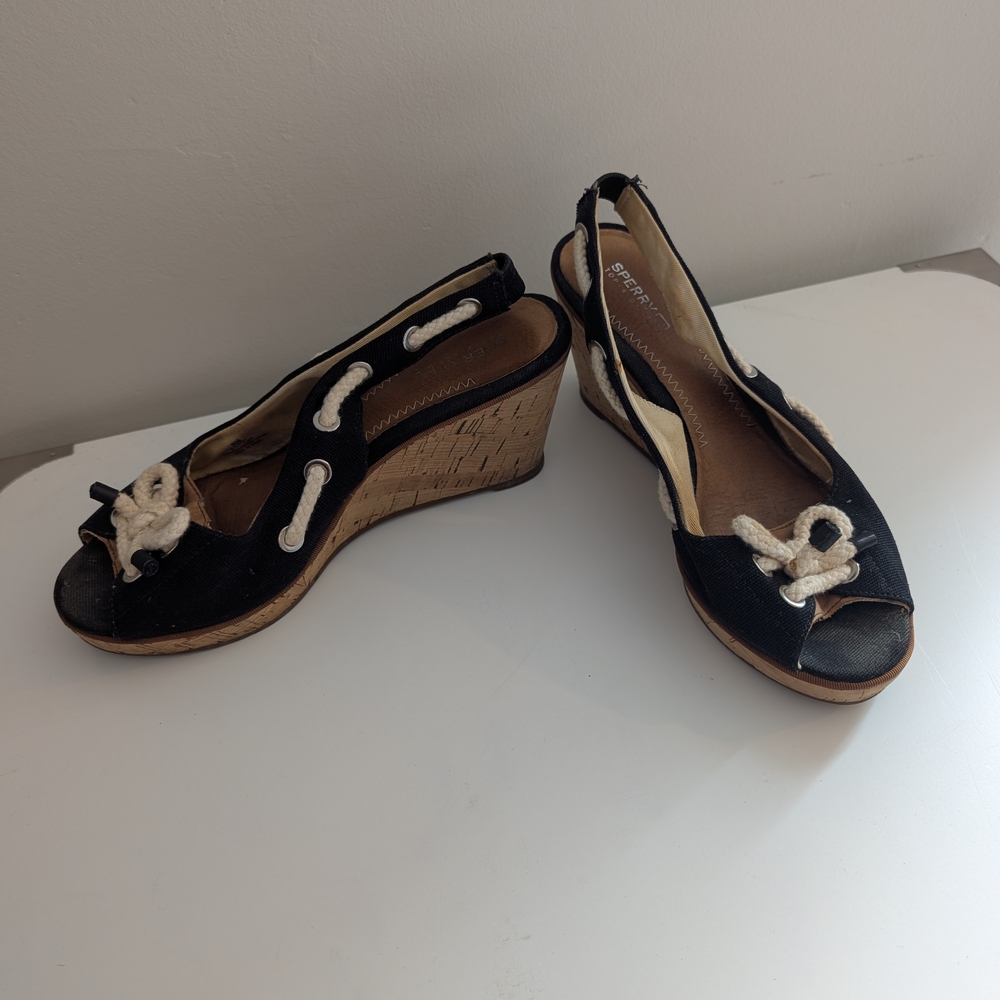 Sperry Black and White Wedge Sandals with Bow